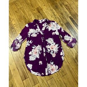 Candies Womens Floral Button Down 3/4 Roll Tab Sleeve Shirt Purple‎